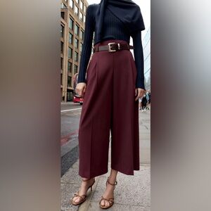 ZARA Pleated Belted Pants Burgundy Medium NWT
